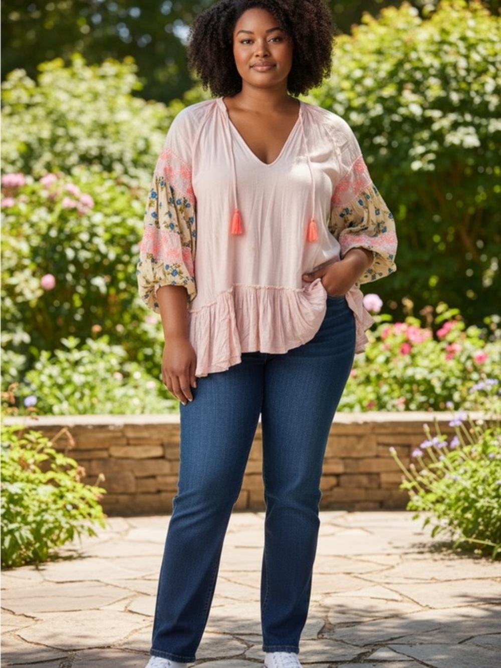 Free People Blush Peasant Tunic with Floral Balloon Sleeves
